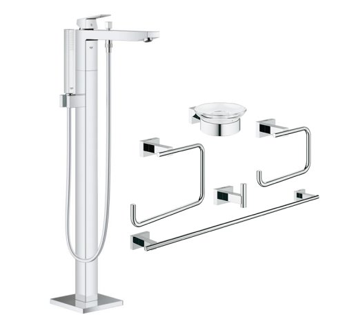 Смеситель для ванной Grohe Eurocube 23672001 + Набор аксессуаров 5в1 Grohe Essentials Cube 40758001