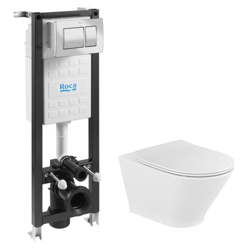 Инсталляционная система Roca Eko Frame + чаша унитаза Gap Round Rimless с сиденьем Ultra Slim