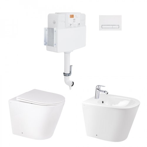 Набор Qtap смывающийся бачок с панелью смыва Nest (QT0122490S4Q1 + QT0111M08V1384W) + унитаз Swan QT16223178W + биде Stork QT15443378W + смеситель для биде Arena QTA