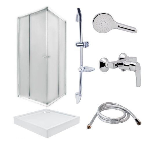 Набор Qtap: Душевая кабина квадрат., 90x90 + Поддон + Смеситель для душа + Стойка + Шланг + Лейка