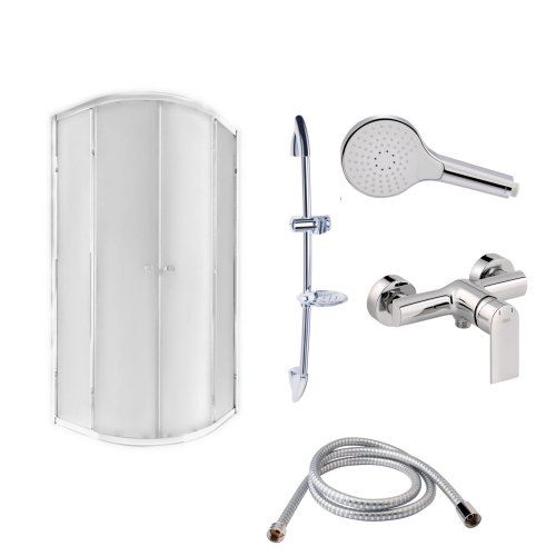 Набір Qtap: Душова кабіна півкругла, 90x90 + Змішувач для душу + Стійка + Шланг + Лійка