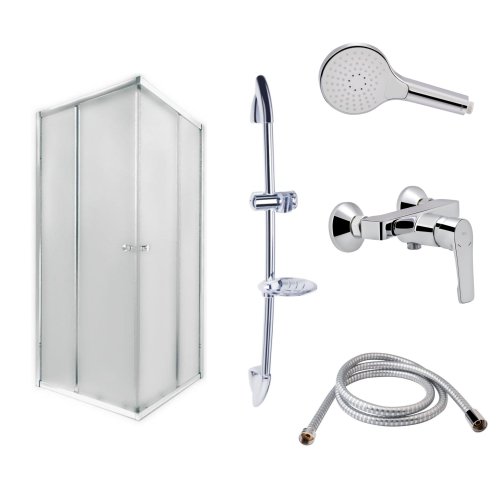 Набор Qtap: Душевая кабина квадрат., 90x90 + Смеситель для душа + Стойка + Шланг + Лейка
