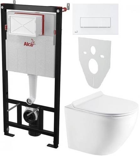 Инсталляция AlcaPlast 4в1 AM101/1120 с белой прямоугольной кнопкой M570 + подвесной унитаз ROUND (AM101/1120-4:1 RU M570-0001
