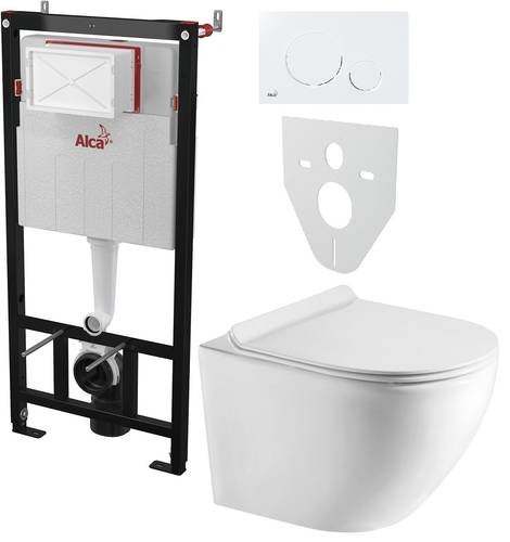 Инсталляция AlcaPlast 4в1 AM101/1120 с белой круглой кнопкой M670 + подвесной унитаз ROUND SMART (AM101/1120-4:1 RU M670-0001 + RN-0490-RW)