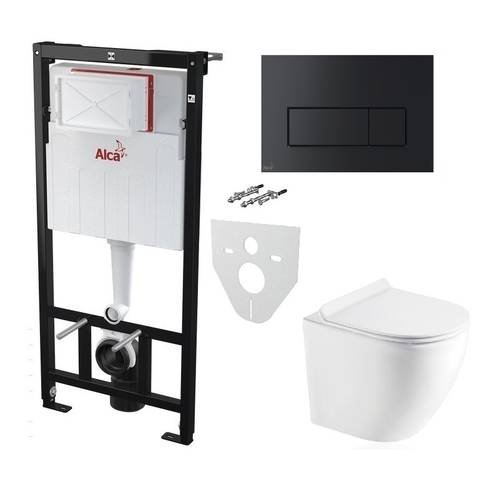Инсталляция AlcaPlast 4в1 AM101/1120 с черной матовой прямоугольной кнопкой M578 + подвесной унитаз ROUND SMART (AM101/1120-4:1 RU M578-0001 + RN-0490-RW)