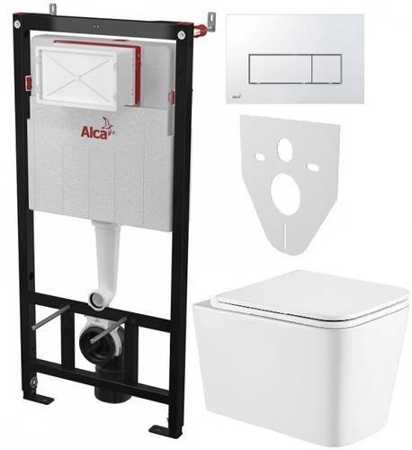 Інсталяція AlcaPlast 4в1 AM101/1120 з хромованою прямокутною кнопкою M571 + підвісний унітаз Kvadro (AM101/1120-4:1 UA M571-0001 + KR-0530-RW)