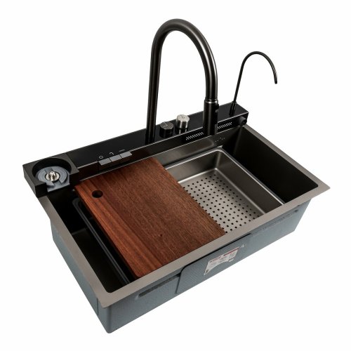 Кухонная мойка 75*46D PVD серая Platinum Handmade "ВОДОСПАД"