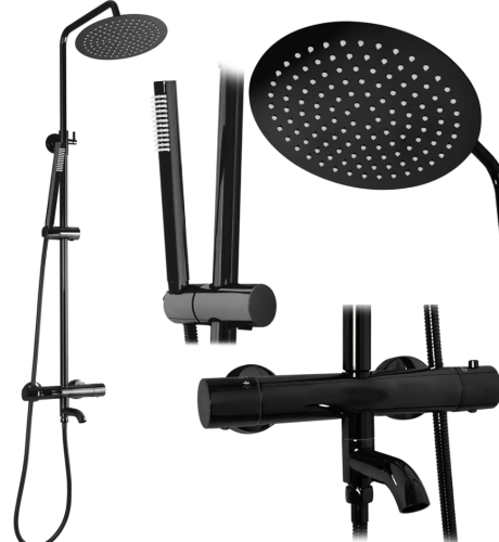 Душевой гарнитур REA LUNGO BLACK GLOSSY с термостатом и изливом