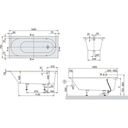 Ванна Villeroy & Boch Oberon 160x75 UBQ160OBE2V-01