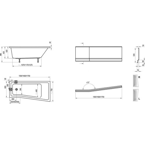 Панель для ванны Ravak BeHappy II 170 L фронтальная CZ94100A00