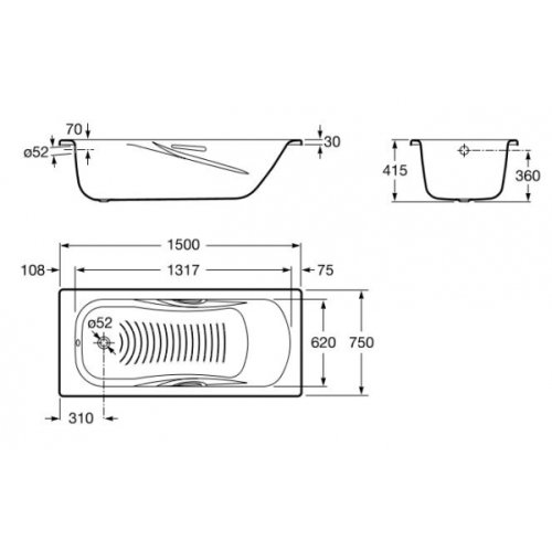 Ванна стальная Roca Princess 150x75 A220470001+A291021000 + ручки + ножки
