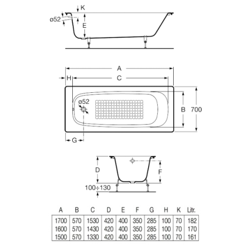 Ванна чавунна Roca Continental 160x70 A21291200R + 311537 + сифон Simplex
