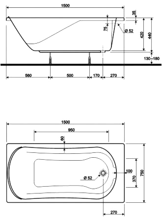 Ванна KOLO MIRRA 150*75 см, с ножками и сифоном автомат