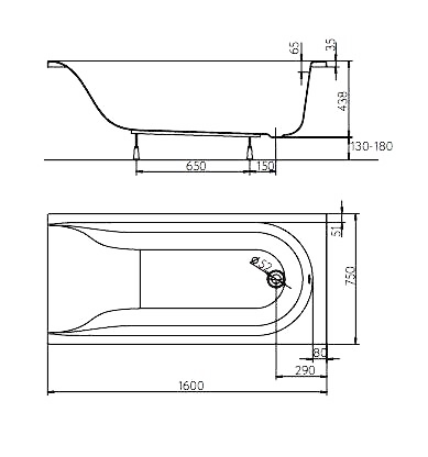 Ванна KOLO MIRRA 160*75 см, с ножками и сифоном автомат