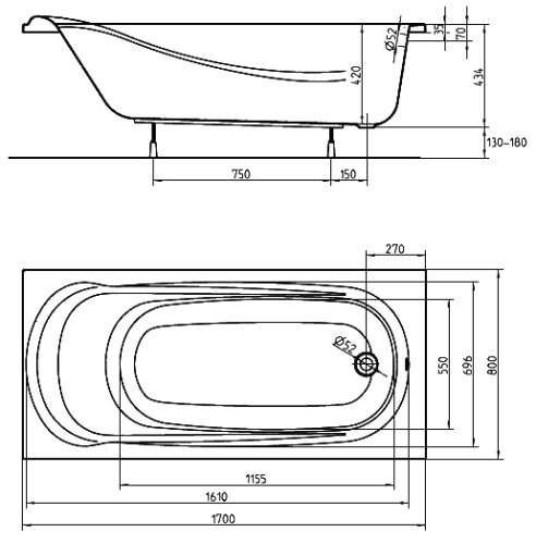 Ванна KOLO SAGA 170 * 80 см, з ніжками і сифоном автомат
