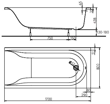 Ванна KOLO MIRRA 170 * 80 см, з ніжками, підголовником і сифоном автомат