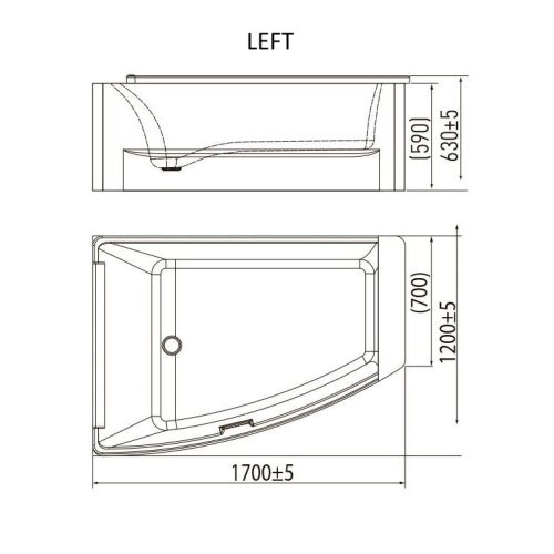 Ванна Volle акриловая асимметричная 1700*1200*630мм, левая с врезным смесителем Impresse Praha new