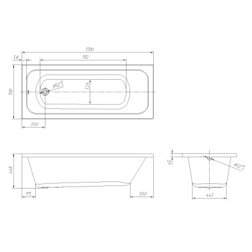 Ванна акриловая Volle ALTEA 1700*700*448мм с ножками и сифоном автомат