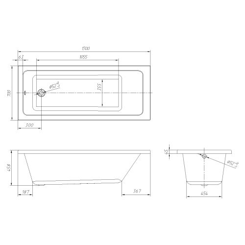Ванна акриловая Volle LIBRA 1700*700*458мм с ножками и сифоном