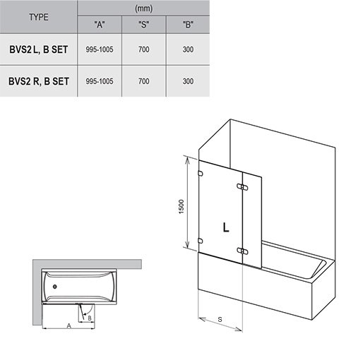 Шторка для ванны Ravak BVS2-100 L хром+Transparent (7ULA0A00Z1)