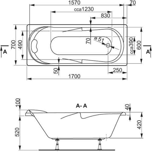 Ванна Vagnerplast Minerva 170x70 VPBA177MIA2-01 + ножки