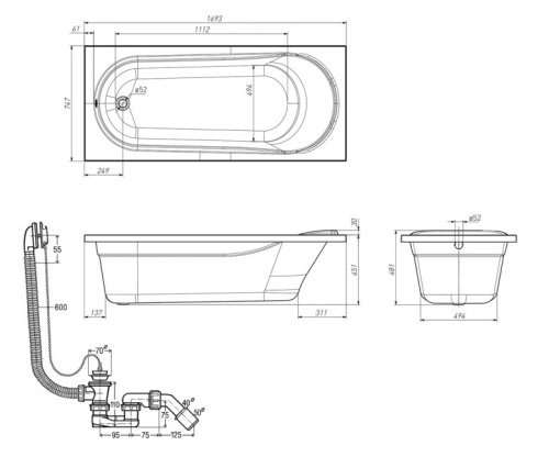 Ванна + сифон Volle Iberia 170x75 TS-1775481 + 311537