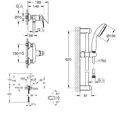Комплект смесителей Grohe BauFlow 3 в 1 для душа 121630S