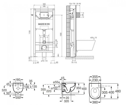 Унітаз з інсталяцією Roca Meridian Rimless A34H242000 + 201010
