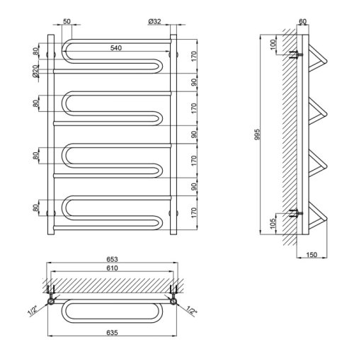Водяной полотенцесушитель Lidz Zigzag (CRM) D32/20х1/2" 600x1000 P4 (LZZD322012601004WAT)