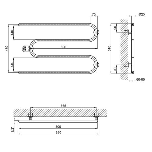 Полотенцесушитель водяной Lidz Snake (CRM) D25х1/2" 500x800