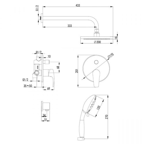 Комплект EGER TISZA (AMUR) душова кабіна 90*90*185см (599-021-A/1) + JESENIK змішувач прихованого монтажу для душу (VR-15140)