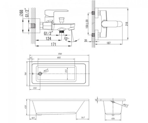 Комплект ванна VOLLE Libra 170x70 TS-1770458+ Смеситель для ванны FIESTA 15152100