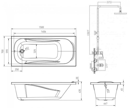 Комплект ванна VOLLE Fiesta 150x70 TS-1570435 + душова система WITOW T-15080