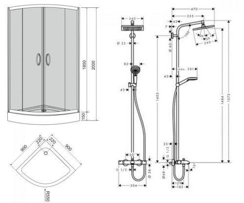 Комплект душевая кабина EGER Balaton 90x90+ душевая система Hansgrohe Crometta E 240 1jet Showerpipe 27298000