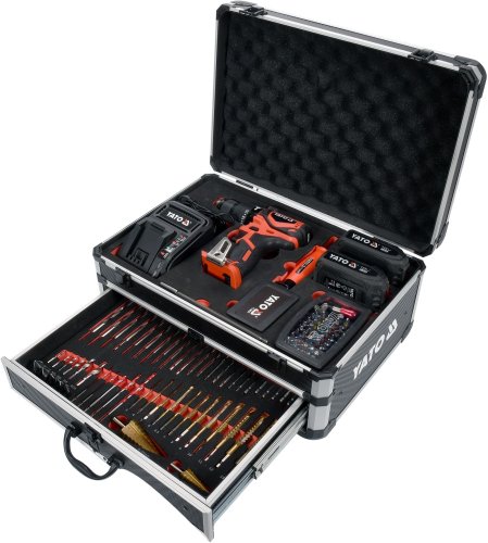 Дриль-шуруповерт ударний акумуляторний YATO YT-44250 + свердла + фрези + викруткові насадки + кейс