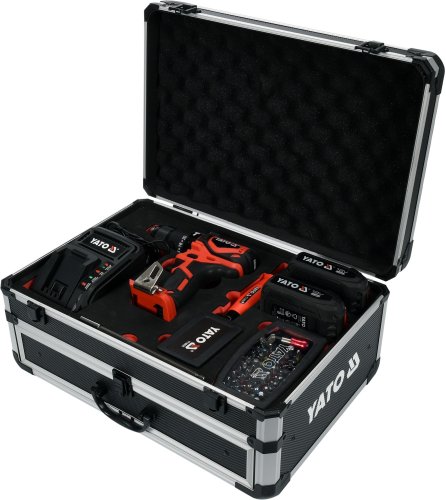 Дриль-шуруповерт ударний акумуляторний YATO YT-44250 + свердла + фрези + викруткові насадки + кейс