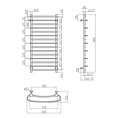 Водяна сушарка для рушників Lidz Standard (CRM) РЛС D32/20х1/2" 500x1000 P6