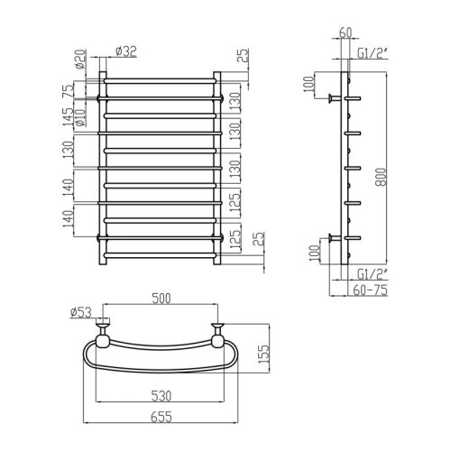 Водяная полотенцесушитель Lidz Standard (CRM) РЛС D32/20х1/2" 500x800 P5