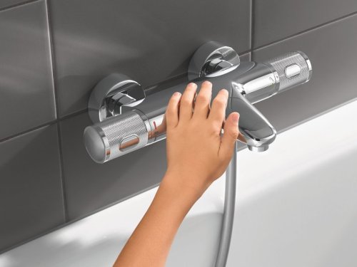 Смеситель для ванны Grohe Grohtherm 1000 Performance с душевым гарнитуром Grohe Rainshower SmartActive Cube 130