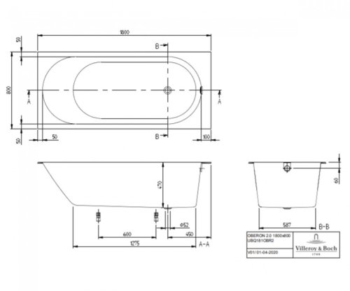 Ванна Villeroy&Boch Oberon 2.0 Solo 180х80 UBQ181OBR2DV-01