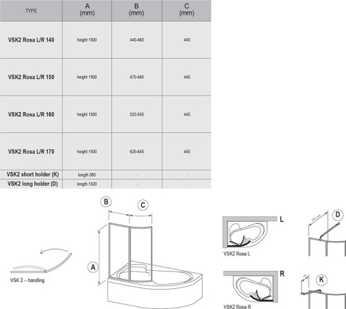 Штора для ванны Ravak VSK2 Rosa 160 R Белый Transparent 76P90100Z1