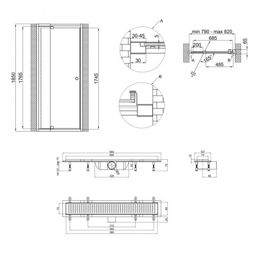 Набір Qtap двері в нішу Pisces WHI208-9.CP5 79-92х185 см, скло Pattern 5 мм + трап лінійний Qtap Dry FB304-600 з сухим затвором і решіткою 600х73 мм