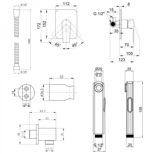 Смеситель скрытого монтажа + Набор для гигиенического душа Qtap 102