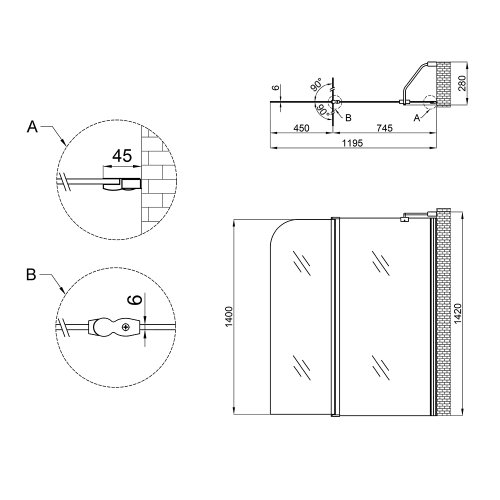 Штора на ванну Lidz Brama SS120x140R.CRM.TR скло прозоре 6 мм, права