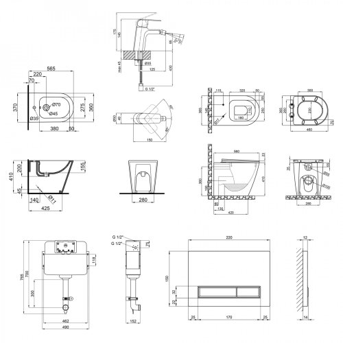 Набор Qtap смывающийся бачок с панелью смыва Nest (QT0122490S4Q1 + QT0111M08V1384W) + унитаз Swan QT16223178W + биде Stork QT15443378W + смеситель для биде Arena QTA