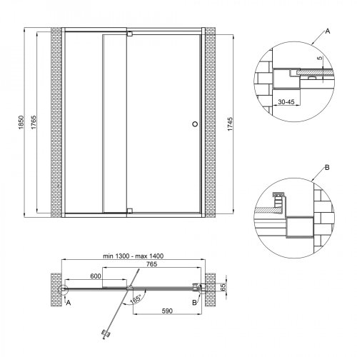 Душевая дверь в нишу Qtap Pisces WHI2013-14.CP5 130-140x185 см, стекло Pattern 5 мм