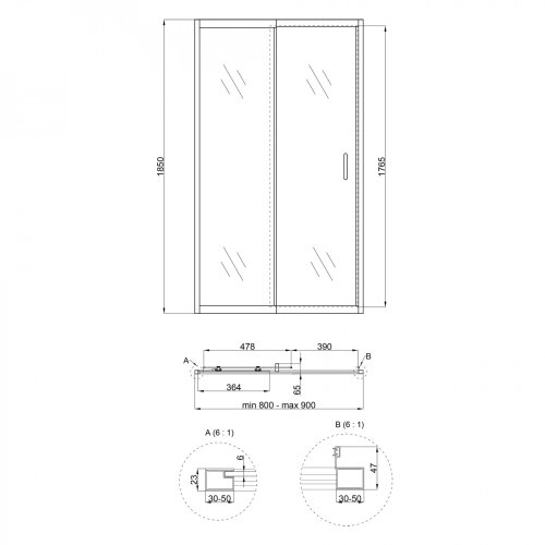 Душевая дверь в нишу Qtap Taurus CRM208-9.C6 80-90x185 см, стекло Clear 6 мм, покрытие CalcLess