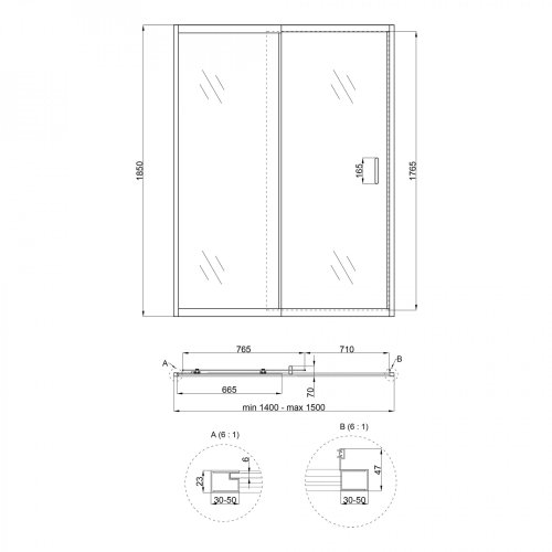 Душевая дверь в нишу Qtap Taurus CRM2014-15.C6 140-150x185 см, стекло Clear 6 мм, покрытие CalcLess