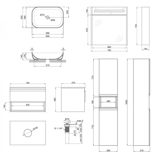 Комплект меблів для ванної кімнати Qtap Robin тумба + раковина + дзеркальна шафа + пенал QT044RO42985