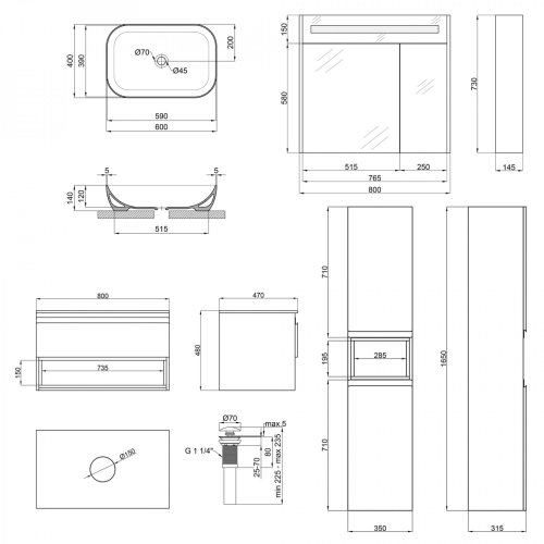 Комплект меблів для ванної кімнати Qtap Robin тумба + раковина + дзеркальна шафа + пенал QT044RO42986